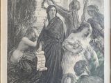 a black and white drawing of a woman sitting on a bench