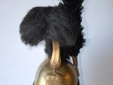 a gold helmet with a black feather on top of it