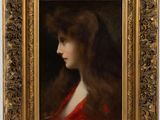 a painting of a woman with long hair in a red dress
