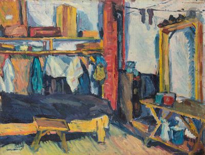 une peinture représentant une pièce avec des vêtements suspendus à un portant