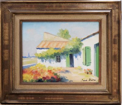 une image représentant un tableau d'une maison avec une porte verte