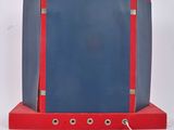 a picture of a red and blue mirror with a key