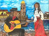 tableau représentant un homme et une femme jouant de la guitare sur la plage