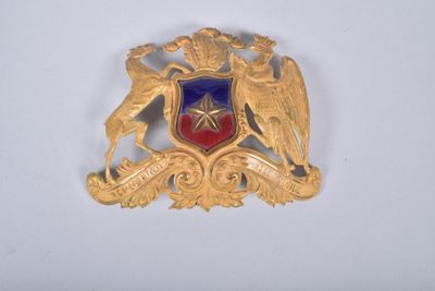 une broche en or ornée d'un écusson bleu et rouge