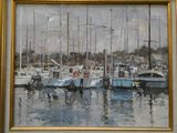 a painting of boats in a harbor with a sky background