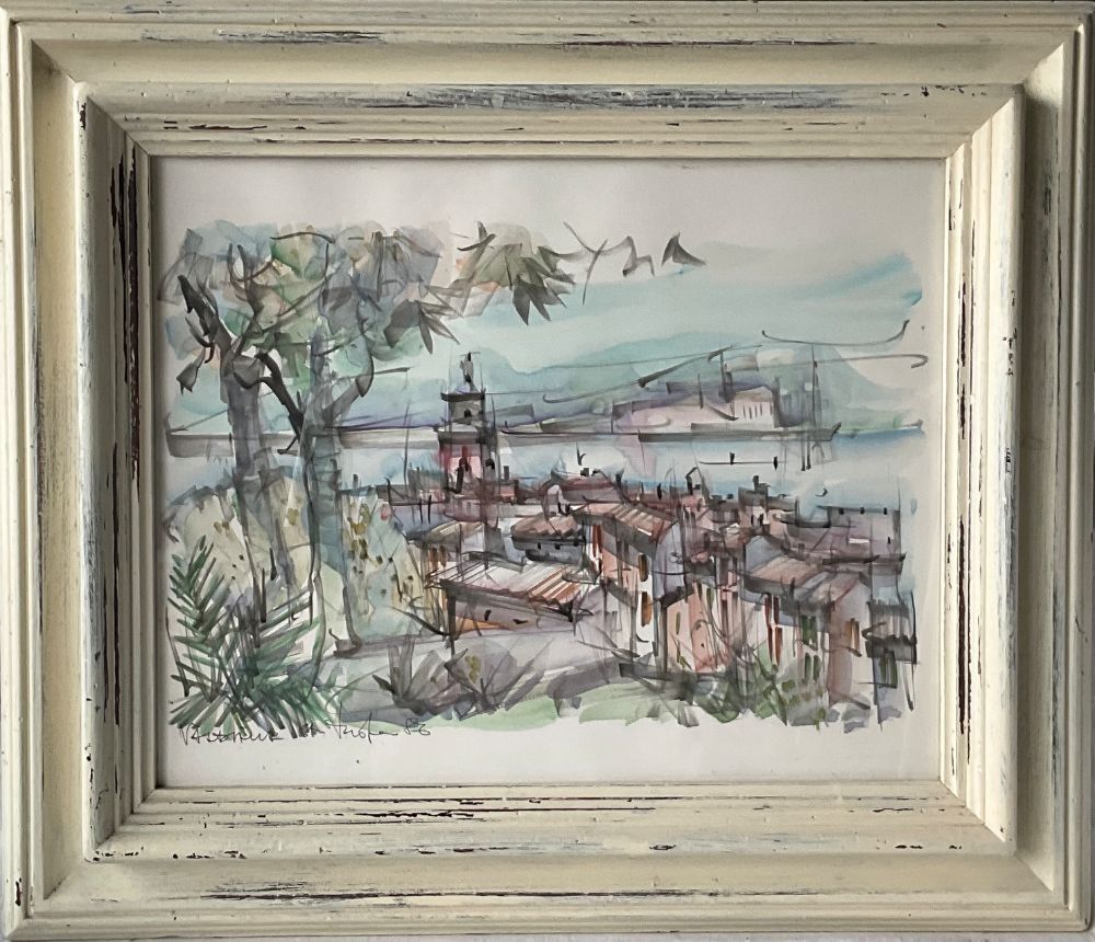 Une encre et crayon sur papier représentant Saint-Tropez, daté 1986 par l'artiste Vladimir. Le trait est énergique, l...