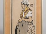 a painting of a woman in a white dress and a yellow scarf