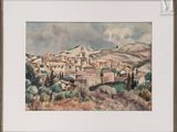 an image of a watercolor painting of a village in the mountains