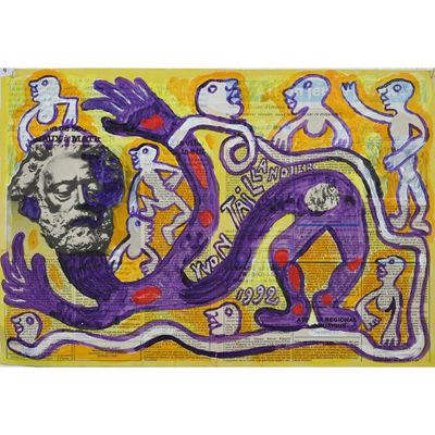 tableau violet et jaune représentant un homme avec un serpent sur fond jaune