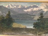 painting of a lake with mountains in the background and a boat in the foreground
