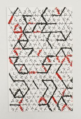 a black and white drawing with red writing on a white surface