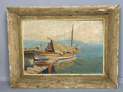 une image d'un tableau représentant un bateau dans l'eau