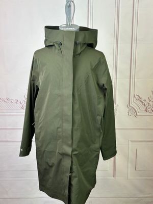 the coat is green and has a hood that is attached to it