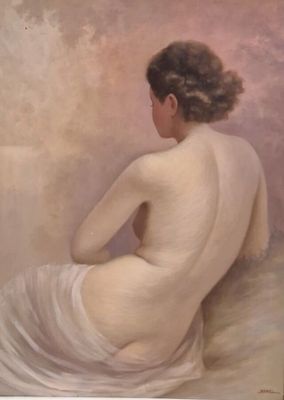 une peinture à l'huile représentant une femme assise sur un lit, de dos par rapport à l'appareil photo