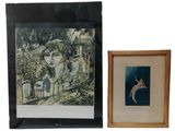 two framed pictures of a woman and a cat in a garden