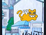 painting of an orange cat jumping over a building with the word mochat written on it