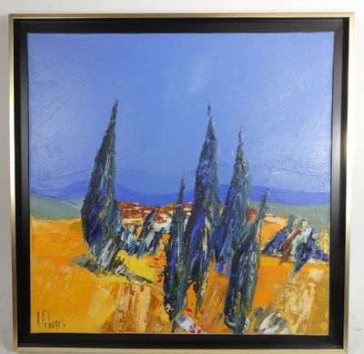 une peinture à l'huile d'un paysage avec des cyprès au premier plan