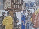 painting of a group of people standing in front of a building