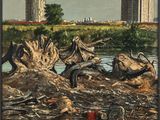 une peinture représentant une rivière avec un tas de déchets sur la berge