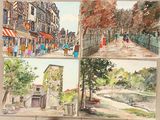 quatre tableaux représentant une scène de rue avec des passants marchant dans la rue