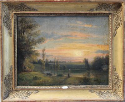 an oil painting of a landscape with a sunset in the distance
