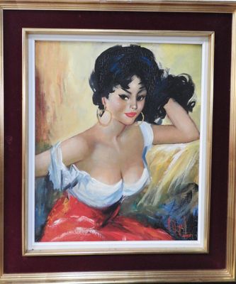 une image d'un tableau représentant une femme en robe rouge