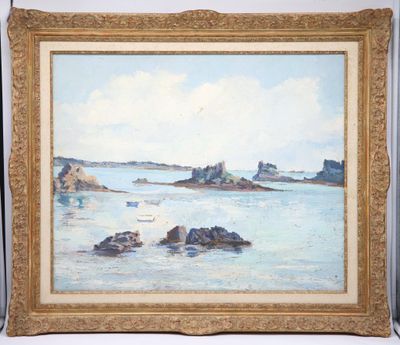 an oil painting of a beach scene with a castle in the distance