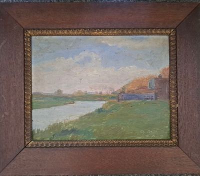 an oil painting of a landscape with a river in the foreground