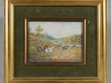 peinture à l'huile encadrée représentant des chevaux et des chiens de chasse dans un paysage