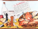 a painting of a basket of fish and bread on a table
