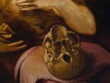 painting of a woman holding a skull and a skull in her hands