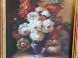 a painting of flowers in a vase on a table
