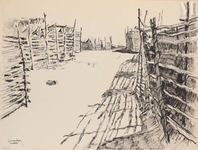 dessin représentant un enclos avec une vache au loin