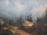 an old painting of a mountain scene with a house in the foreground