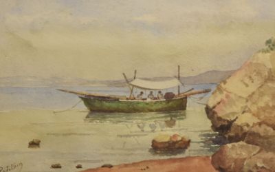 a watercolor painting of a boat in the water