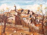 une peinture à l'huile représentant un village avec une église à l'arrière-plan