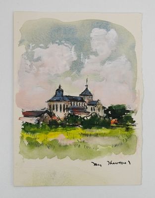 a watercolor painting of a church on a hill