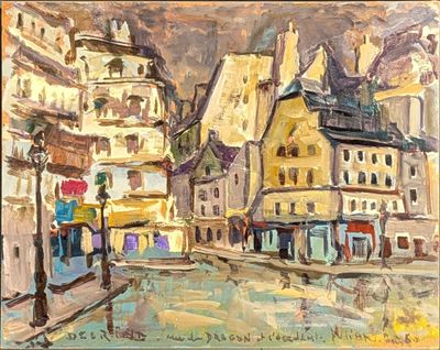 painting of a painting of a city street with buildings and people