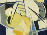 abstract painting of a man holding a guitar and a bowl of fruit