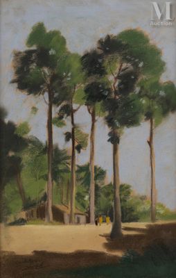 tableau représentant un groupe d'arbres dans un champ, avec une maison en arrière-plan