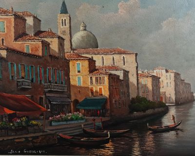 un tableau représentant un bateau sur une rivière, avec des bâtiments en arrière-plan