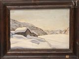 an oil painting of a cabin in the snow with a mountain in the background