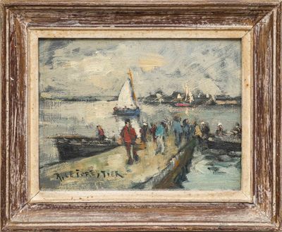 une peinture à l'huile représentant un groupe de personnes debout sur une jetée