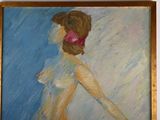 a painting of a woman with a pink hat on