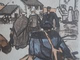 a drawing of people walking down the street with luggage