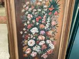 tableau représentant un vase de fleurs posé sur une table devant une chaise rouge