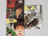 deux livres posés sur une surface blanche, avec une femme et un loup
