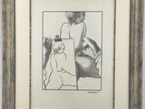 drawing of a woman sitting on a bed with a cat