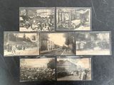 several old black and white photos of people on a train track