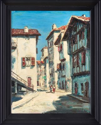 une peinture à l'huile représentant une scène de rue avec des bâtiments et une personne marchant dans la rue